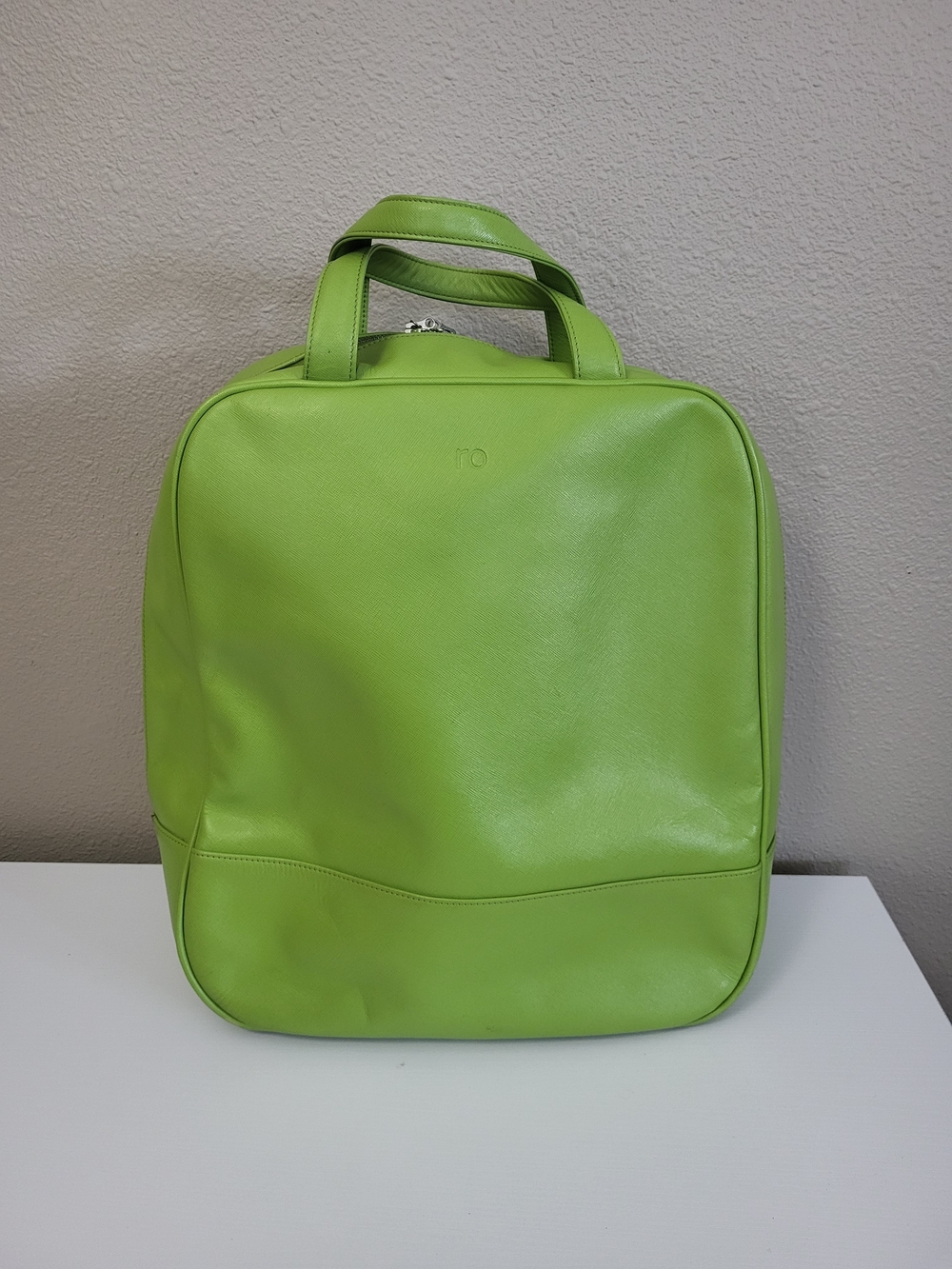 RO Textured Leather Tote Hand Bag Zip Top Large Lime Green Travel Carry On